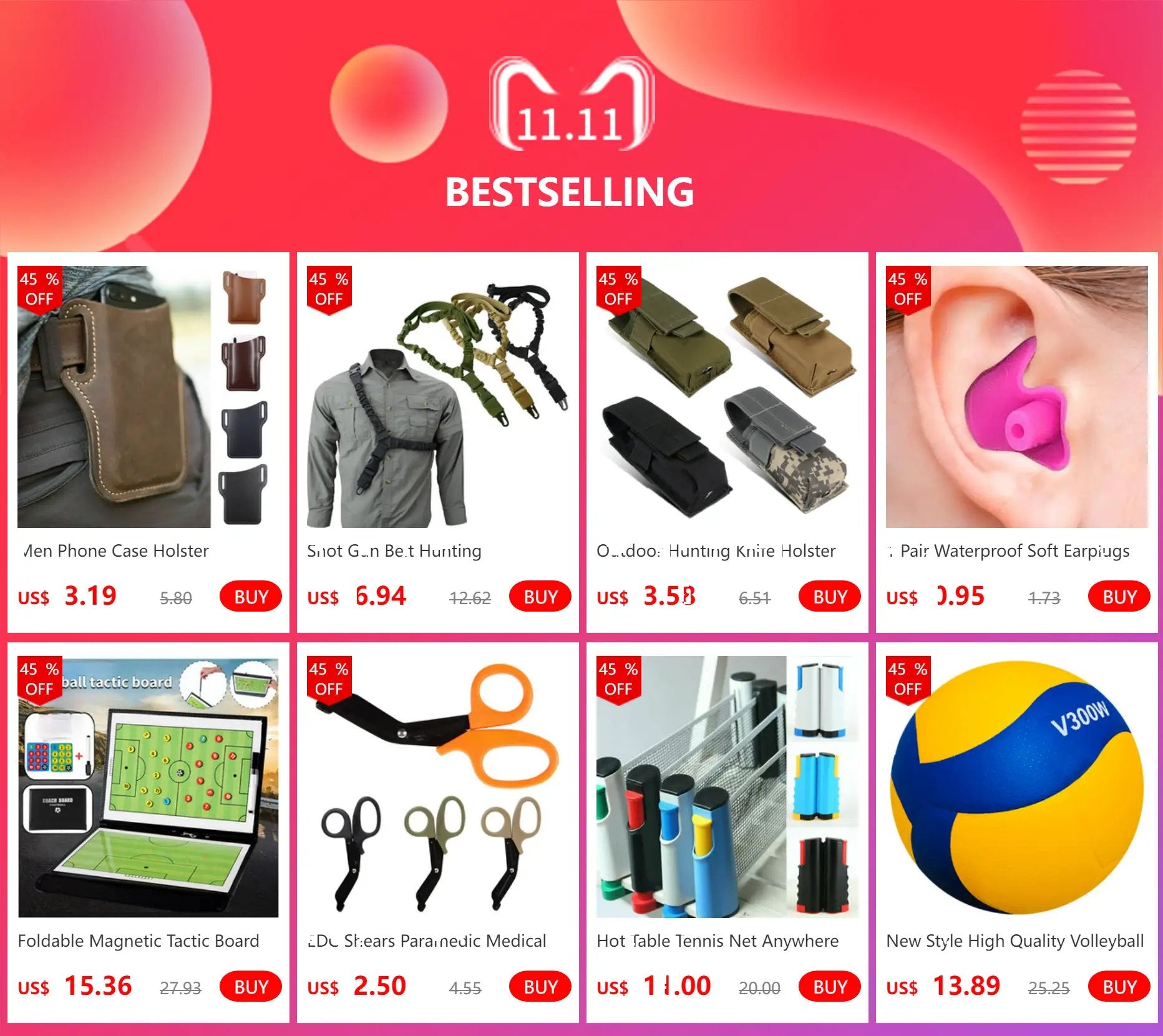 Outdoor gear product grid with four discounted items: phone holster, hunting belt, tactical pouches, earplugs.