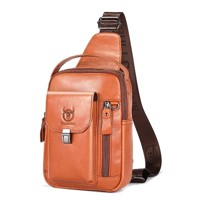 BULLCAPTAIN men's genuine leather brown chest bag with front flap pocket and anti-theft crossbody strap.