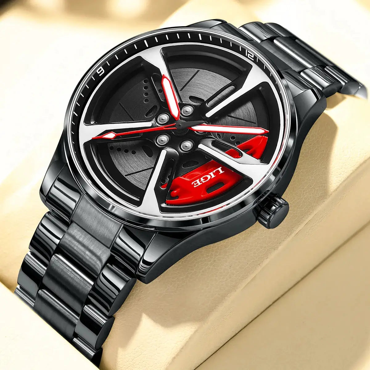 LIGE men's sport watch with 3D car-wheel rim dial, black stainless steel strap