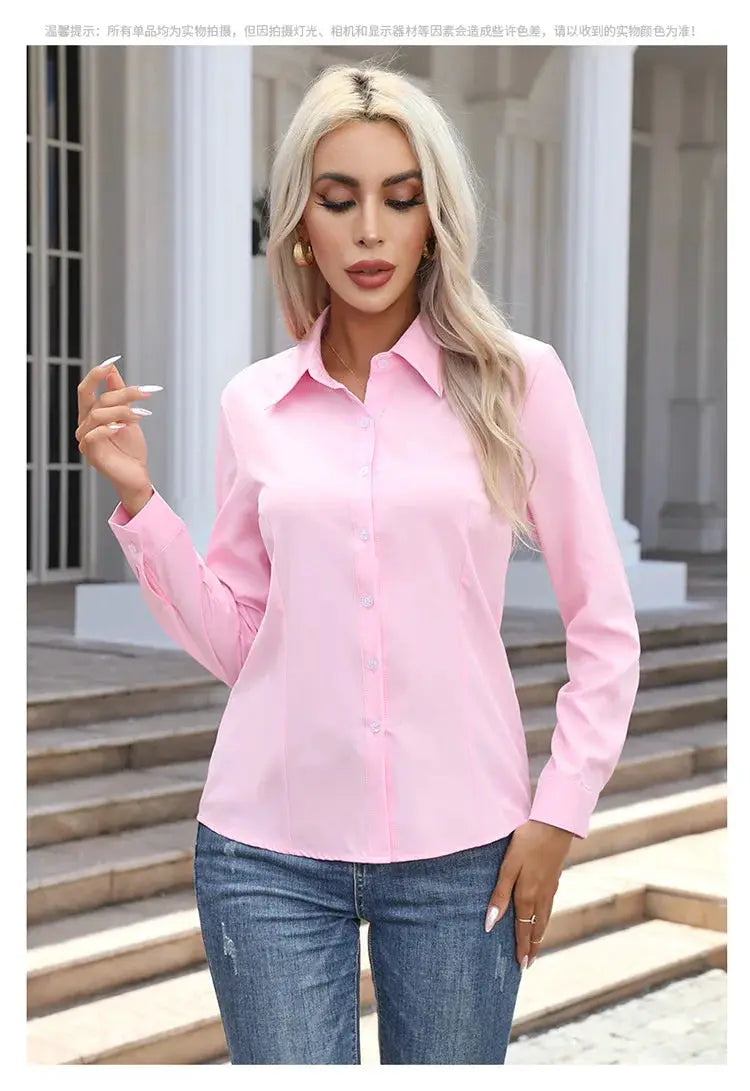 Women's pink chiffon button-down blouse with long sleeves and turn-down collar, Simples Market