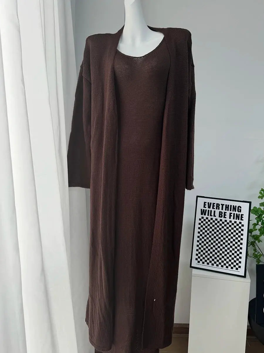 Three Piece Women Cardigan Vest Dress Set With Long Sleeve Outfit