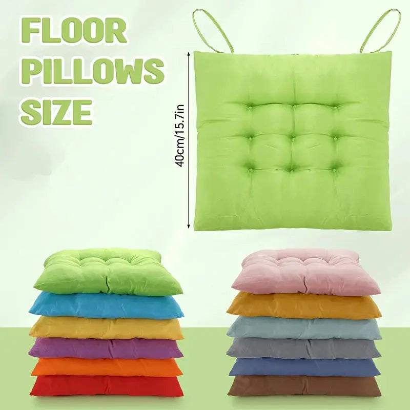 LMETJMA chair pads for dining chairs with ties; tufted square cushions in green, with a stack of assorted colors