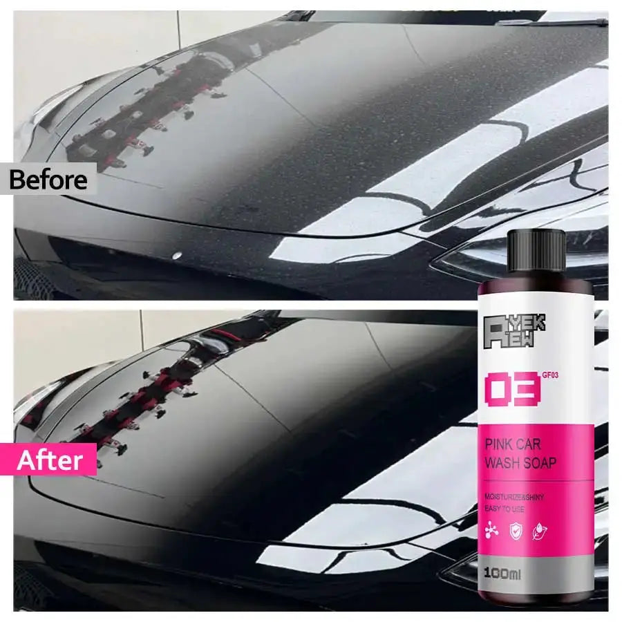 Simples Market pink car wash foam soap; before/after shots on a glossy black car hood with bottle.