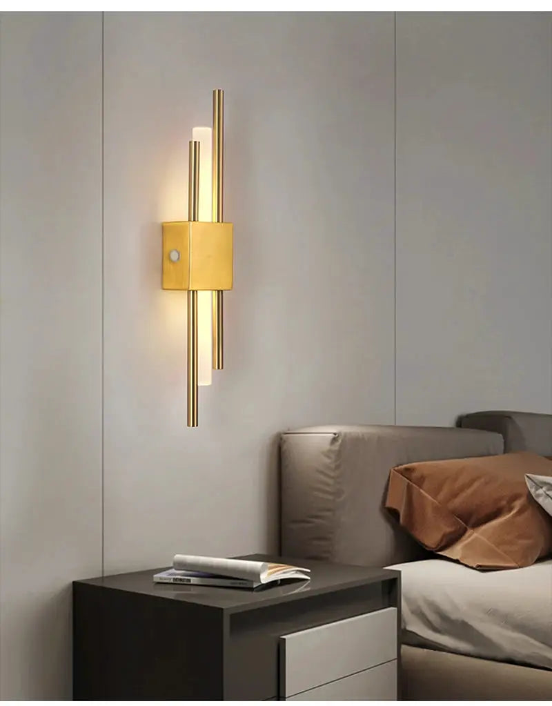 Nordic LED wall lamp with brass-finish metal bars, modern bedside wall light