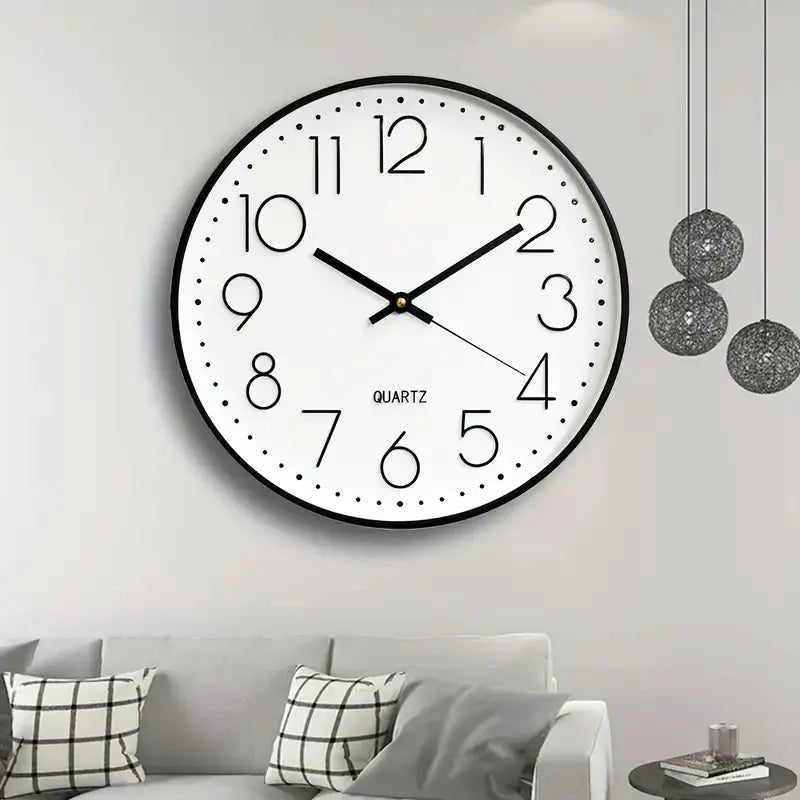 8-inch round wall clock with black frame, white dial, bold numerals, analog quartz movement