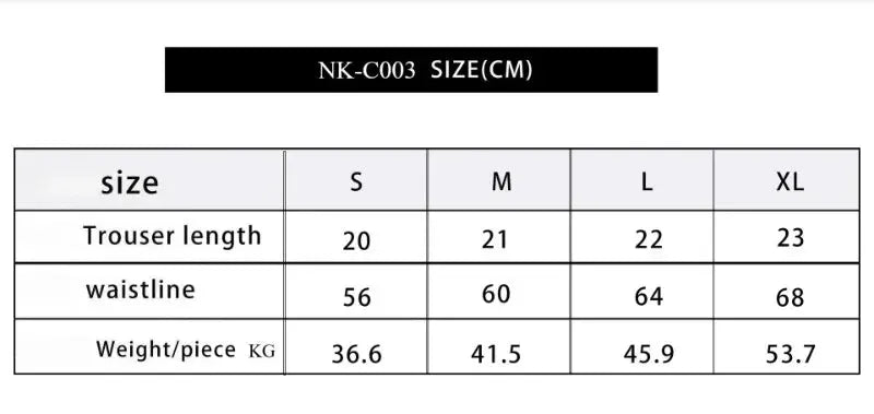 Seamless sports underpants skirt size chart NK-C003 showing S–XL trouser length and waist measurements