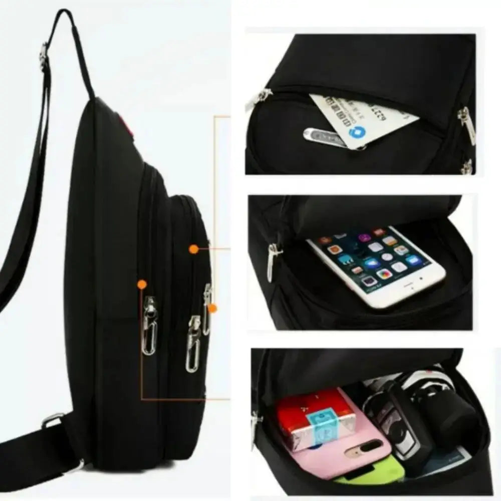 Simples Market black Oxford cloth messenger bag with USB charging, 3-zipper pockets, crossbody