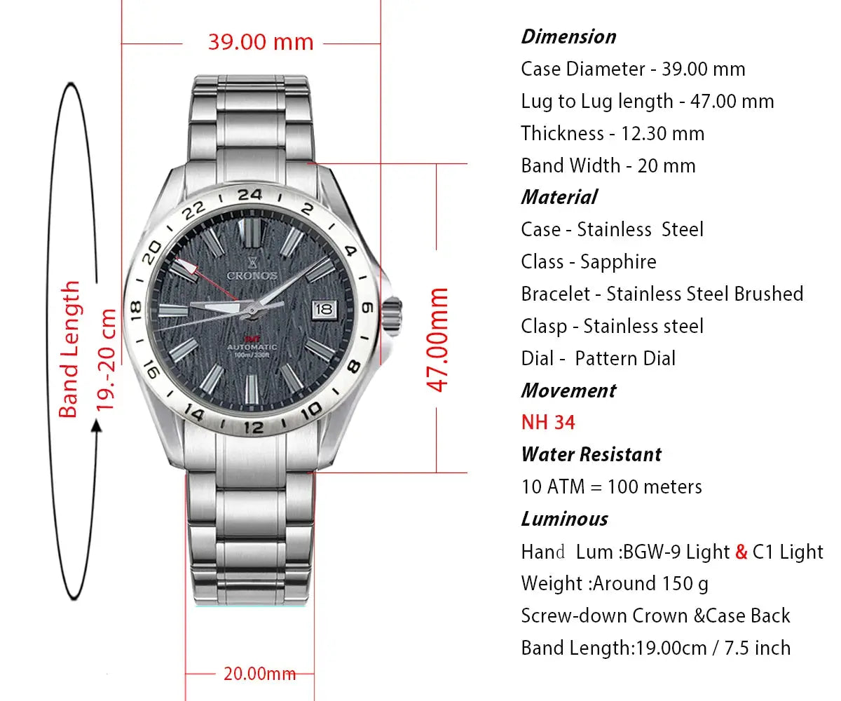 Cronos GS men's watch, 39mm birch dial, GMT NH34 automatic, sapphire crystal, brushed stainless bracelet, 10ATM.