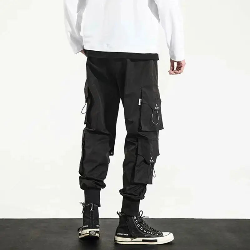 Men's black cargo pants with multiple pockets and drawstring cuffs, streetwear straight-leg style
