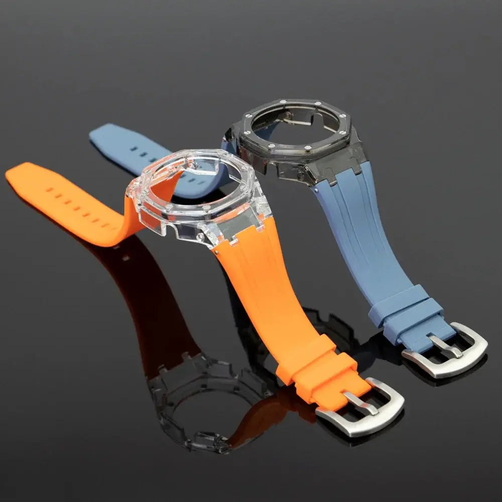 Transparent mod kit for Casioak GA2100/GA2110 with orange and blue rubber straps (2-pack)
