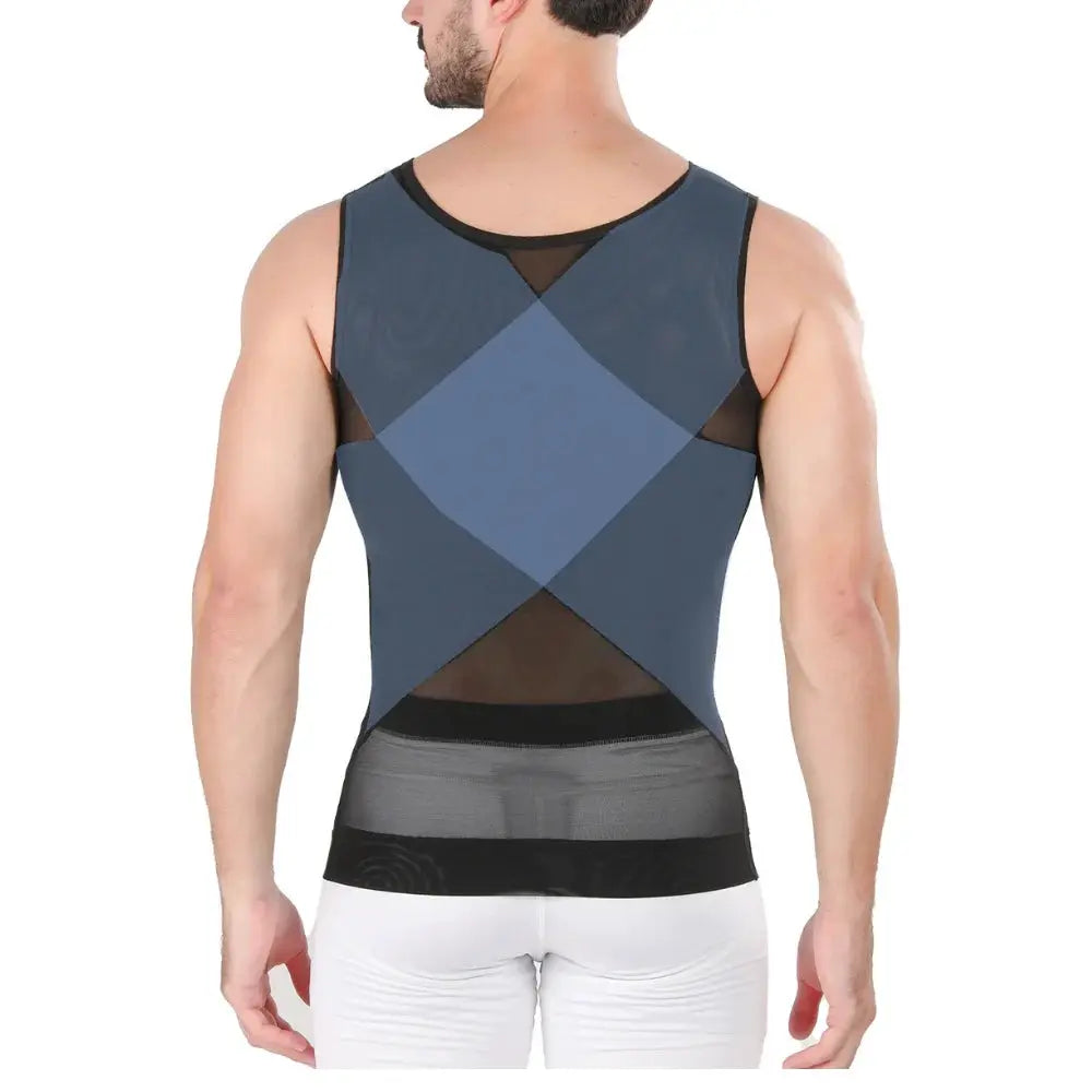 Men's chest compression tank top with blue-gray geometric panels and mesh back, Simples Market.