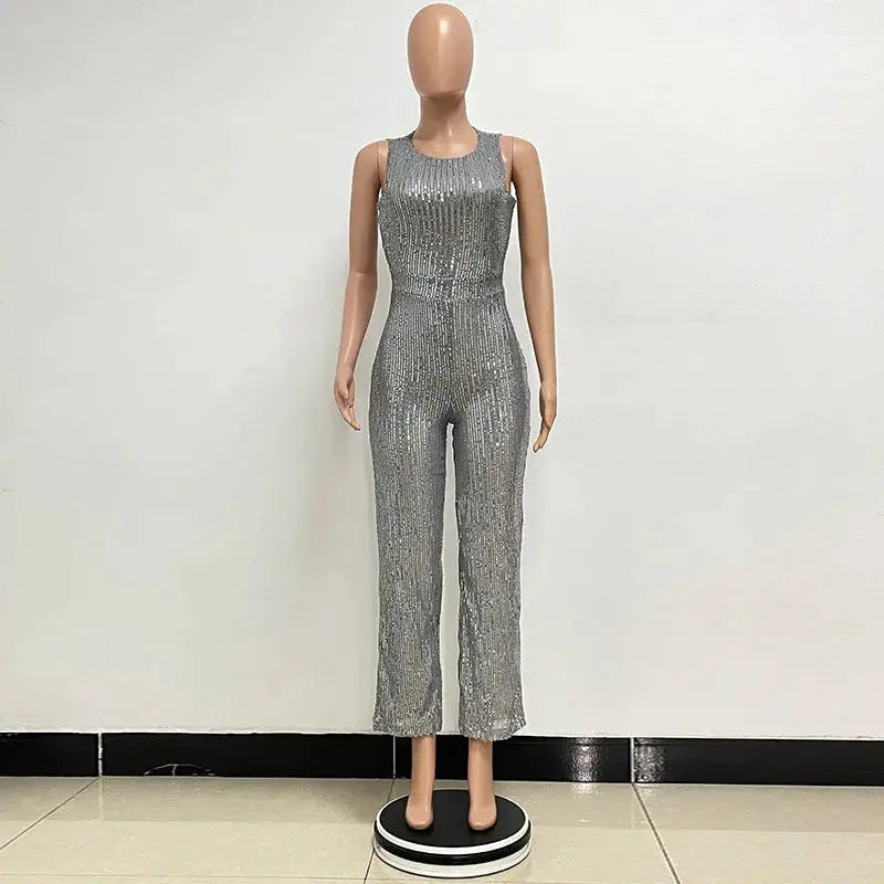 Sequin jumpsuit for women, silver sleeveless high-waist, fitted glamorous one-piece