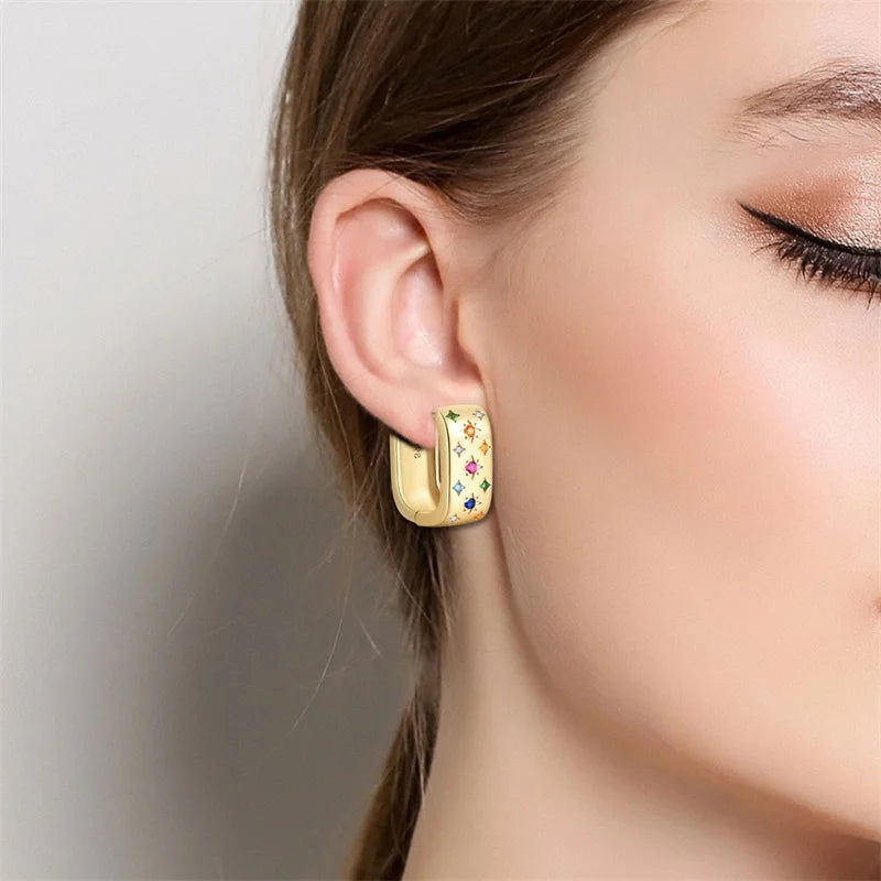 Gold-tone hoop earring with multicolored stones for women