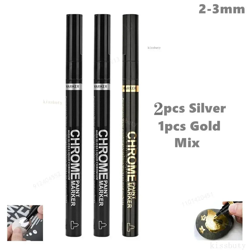 Simples Market chrome paint marker set, 3pcs (2 silver, 1 gold) with 2–3mm nibs.