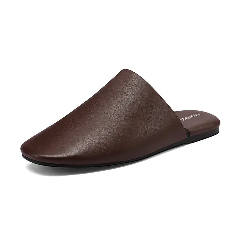 Simples Market brown sheepskin leather women's mules with closed toe and flat sole
