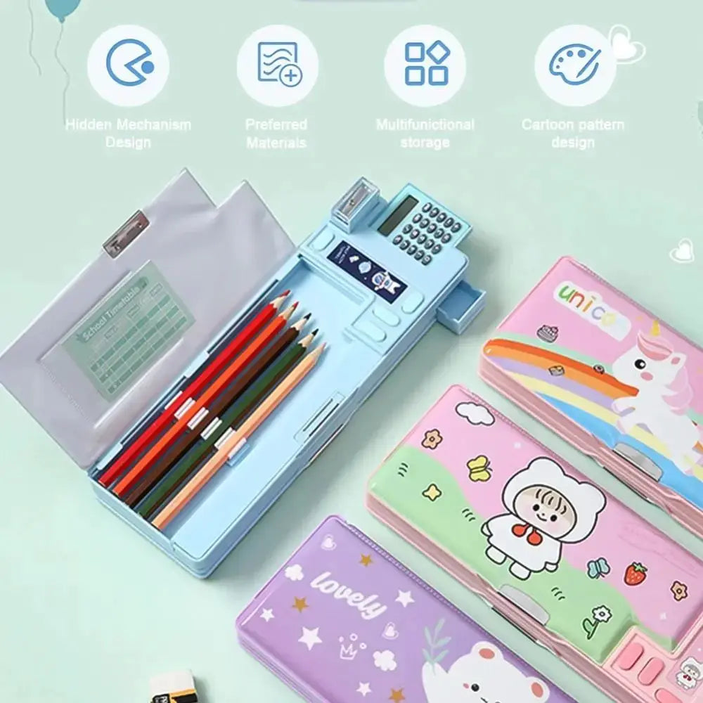 Blue double-layer pencil case with built-in calculator; four pastel cartoon-animal design cases nearby.