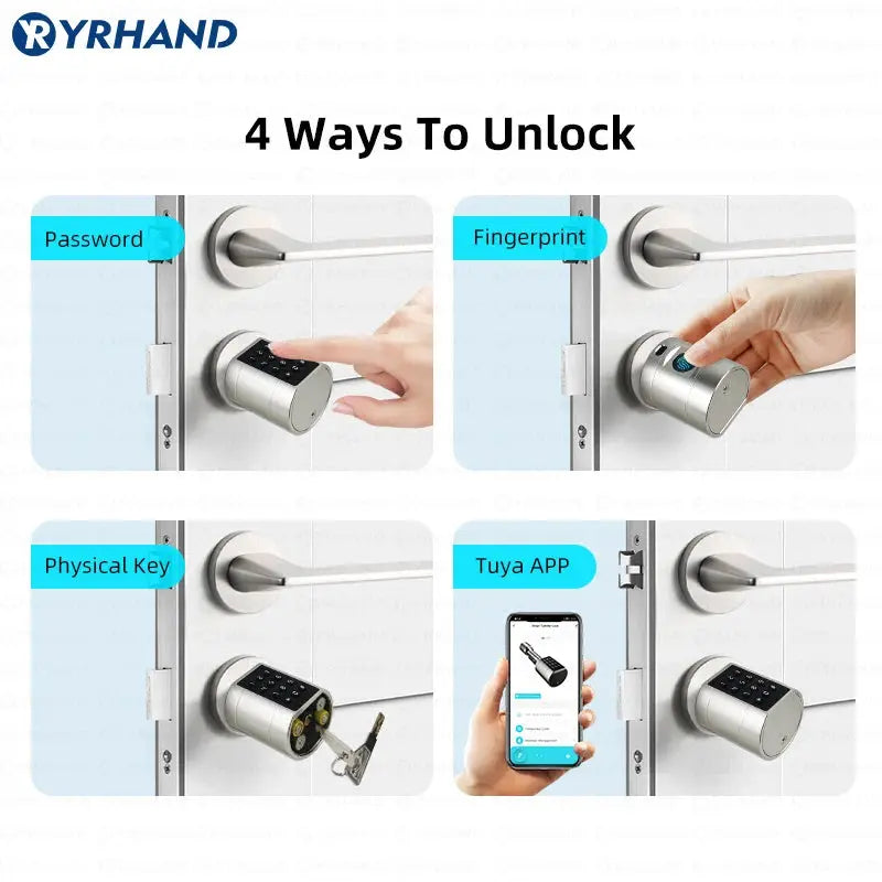 Ryhand smart euro cylindrical door lock; silver finish with 4 unlock methods (password, fingerprint, physical key, Tuya app).