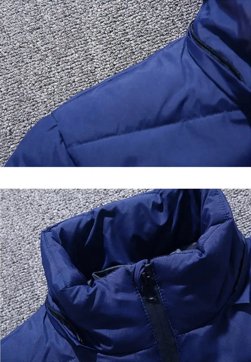 Men's blue padded down jacket, hooded oversized parka with high collar and zipper