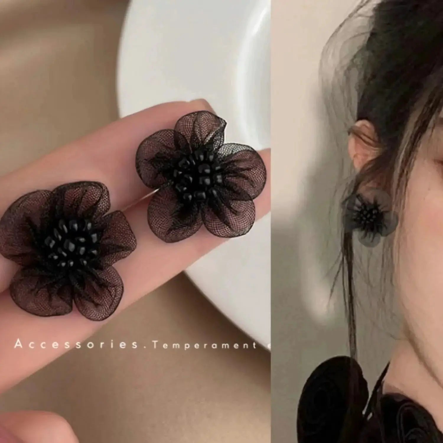 Black mesh flower earrings, set of two with beaded centers, lightweight fashion jewelry