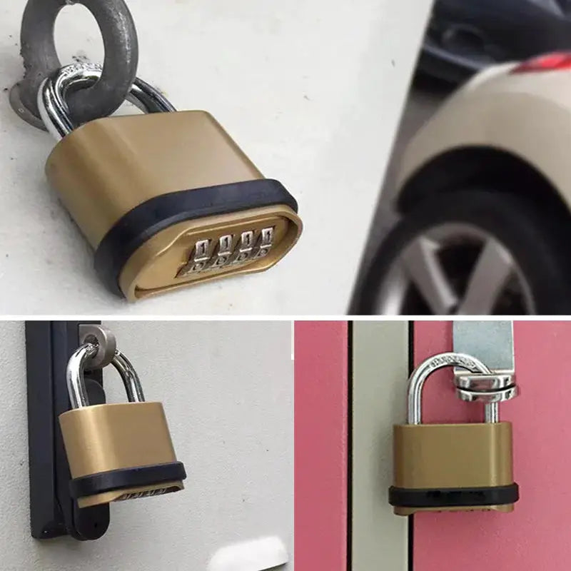 Padlock with 4-digit combination, brass-gold zinc alloy body, waterproof security lock
