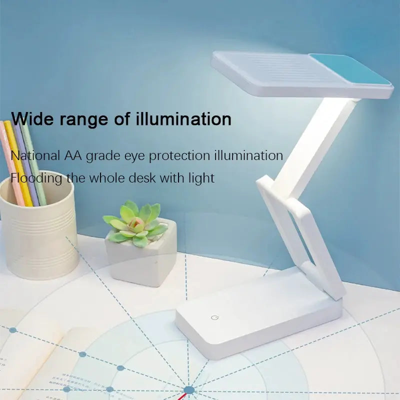 Folding LED desk lamp with rechargeable battery, white finish and adjustable arm