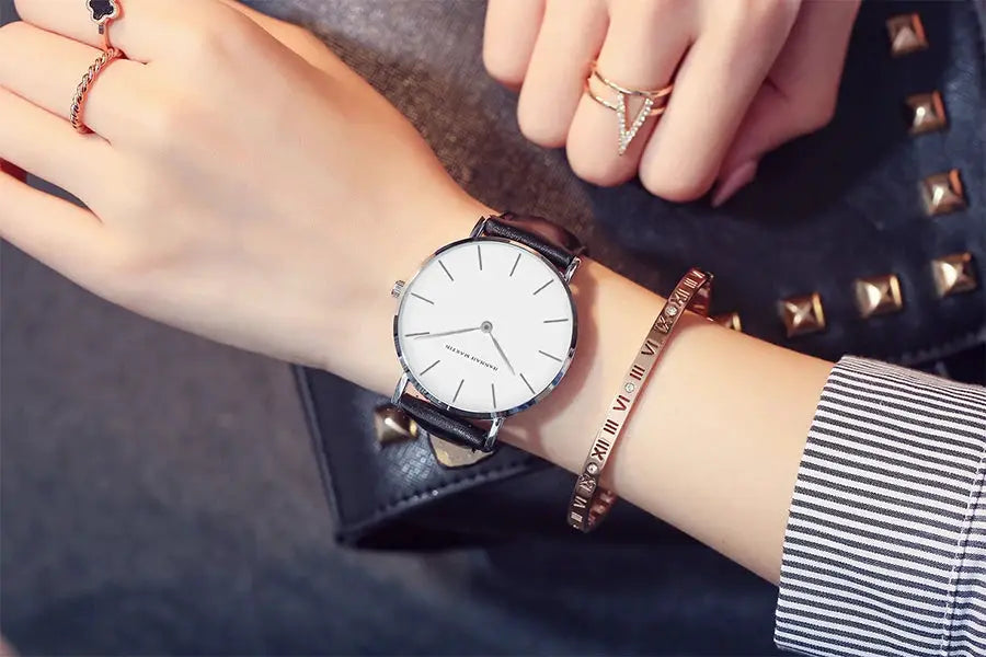 Hannah Martin women's watch with white dial and black leather strap