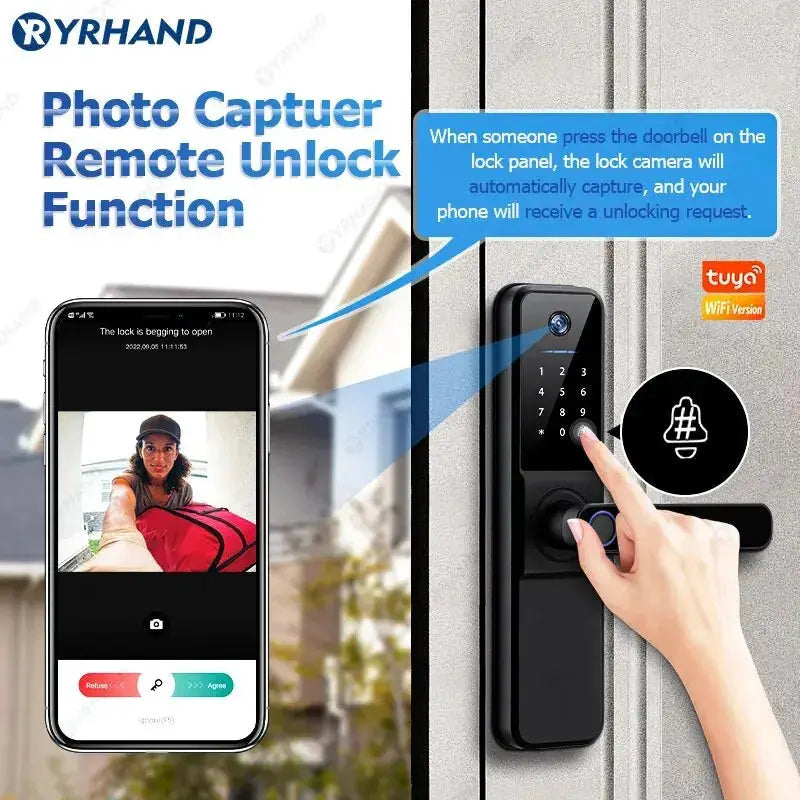 YRHAND H01 smart door lock with biometric camera and fingerprint reader, Tuya WiFi
