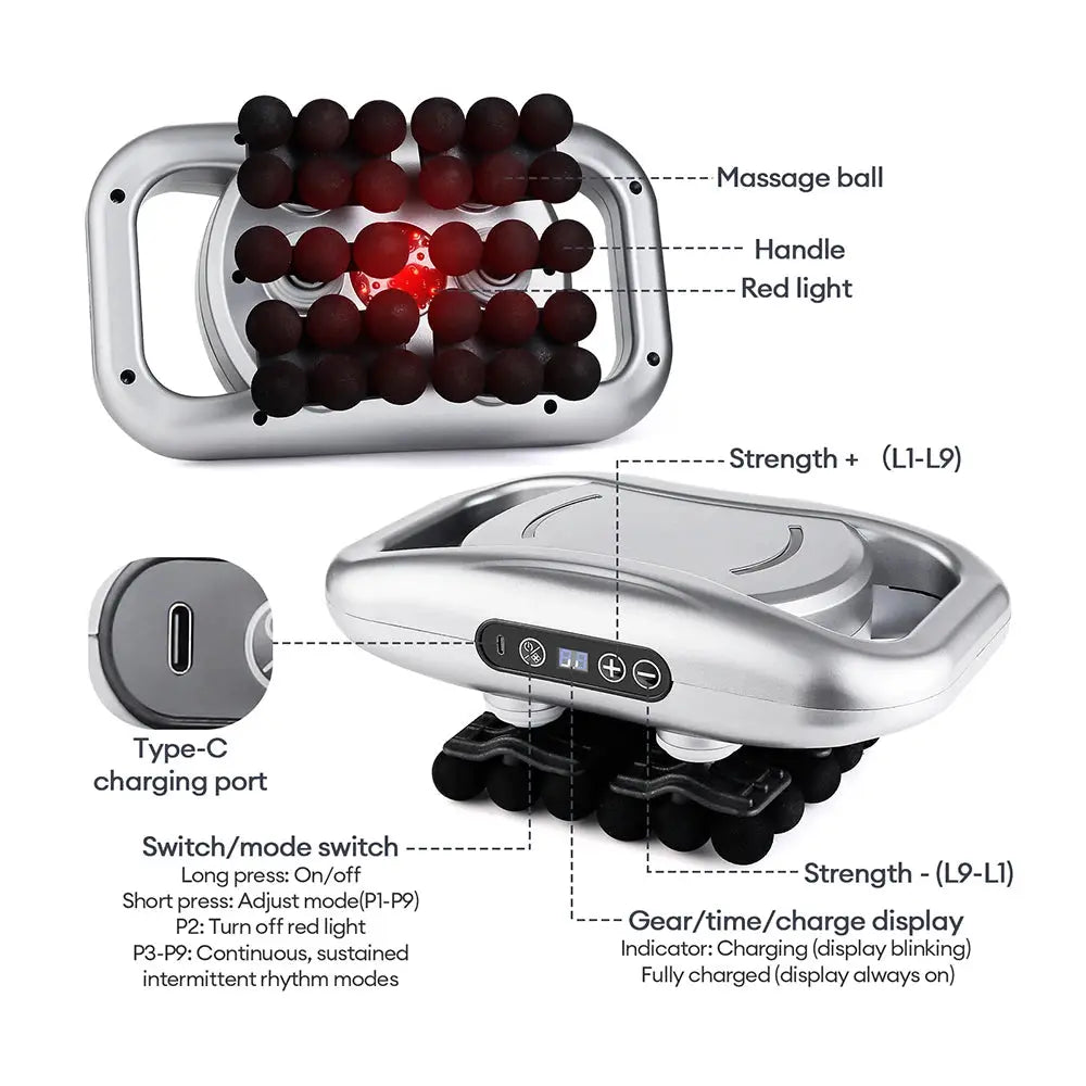 Simples Market 30-heads body massage gun with a silver body, black massage heads, and a red indicator light