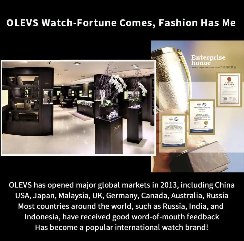 OLEVS luxury men's watch display in a showroom with brand signage and award certificates