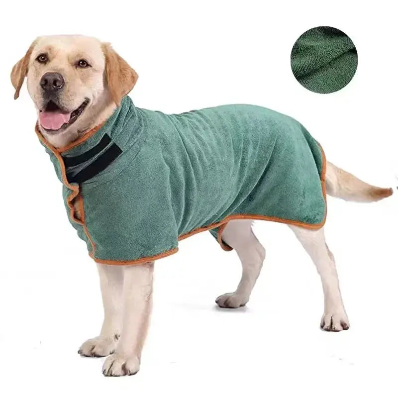 Dog bathrobe in teal green with orange trim; full-body, absorbent pet towel.