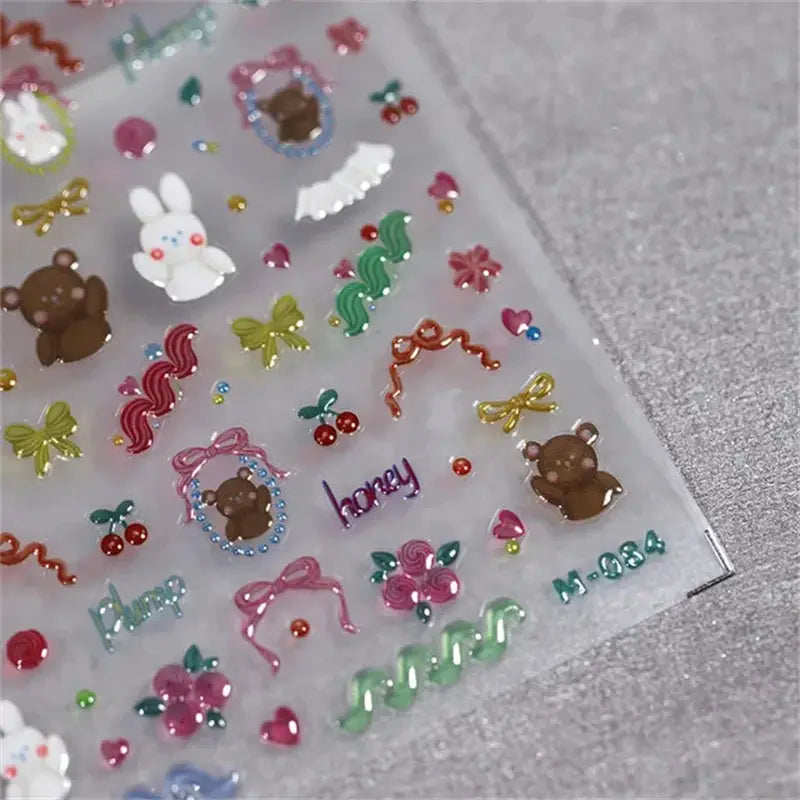 Simples Market 1pc 5D kawaii jelly nail art stickers sheet, self-adhesive with cute animals, bows and florals