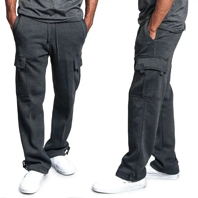 Men's cargo sweatpants with loose fit, drawstring waist and cargo pockets in dark charcoal