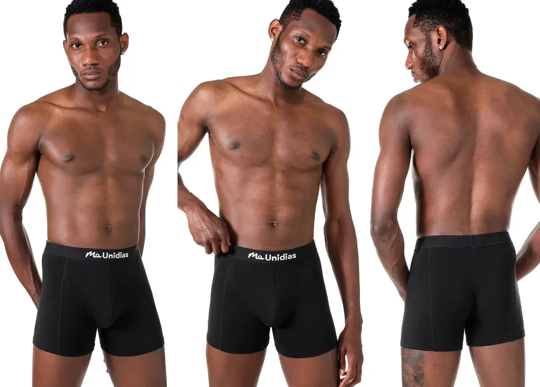 Men's black boxer briefs with elastic waistband; front, side, and back views.