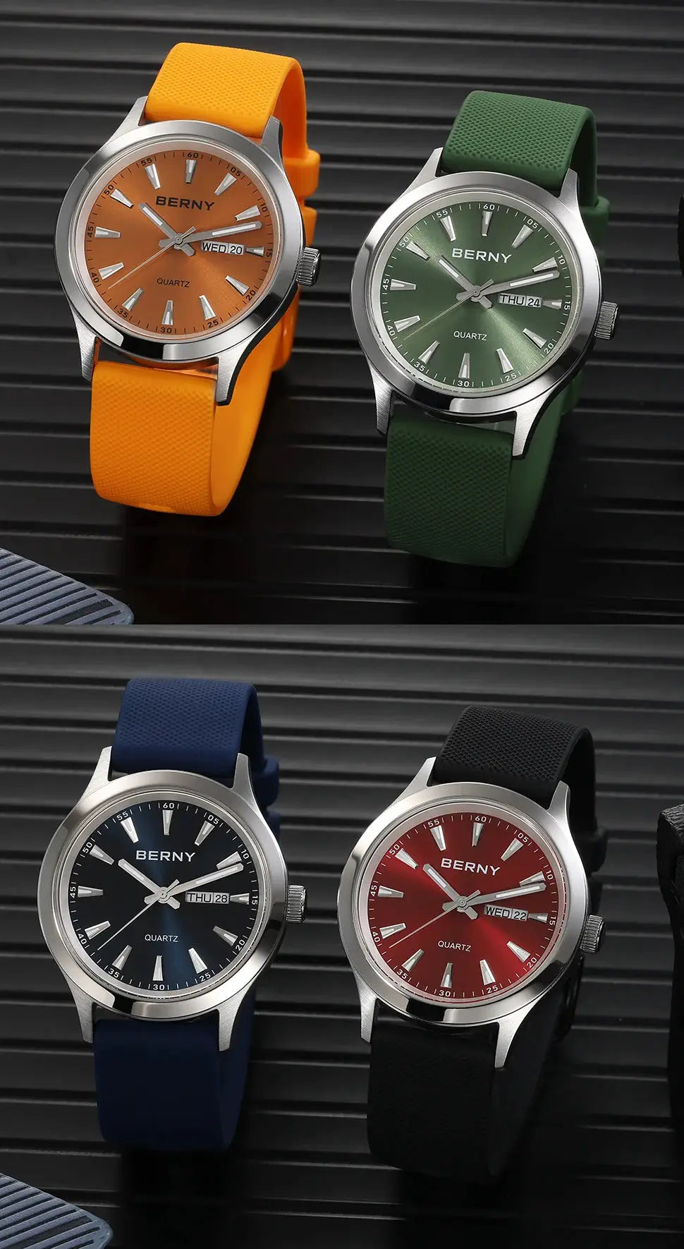 BERNY men's quartz wristwatch set of four with stainless steel cases and silicone straps in orange, green, blue, red
