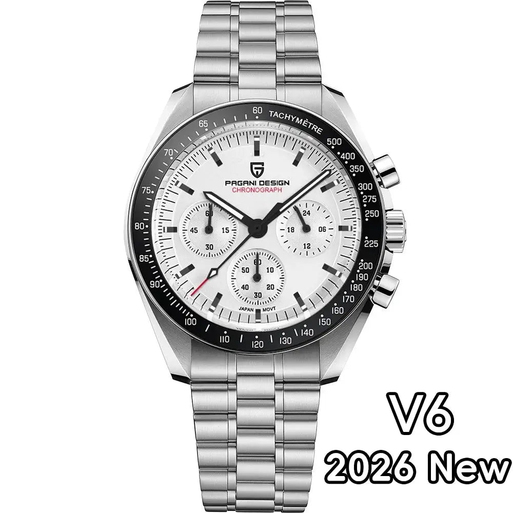 Pagani Design men's chronograph watch with stainless steel bracelet, white dial and tachymeter bezel