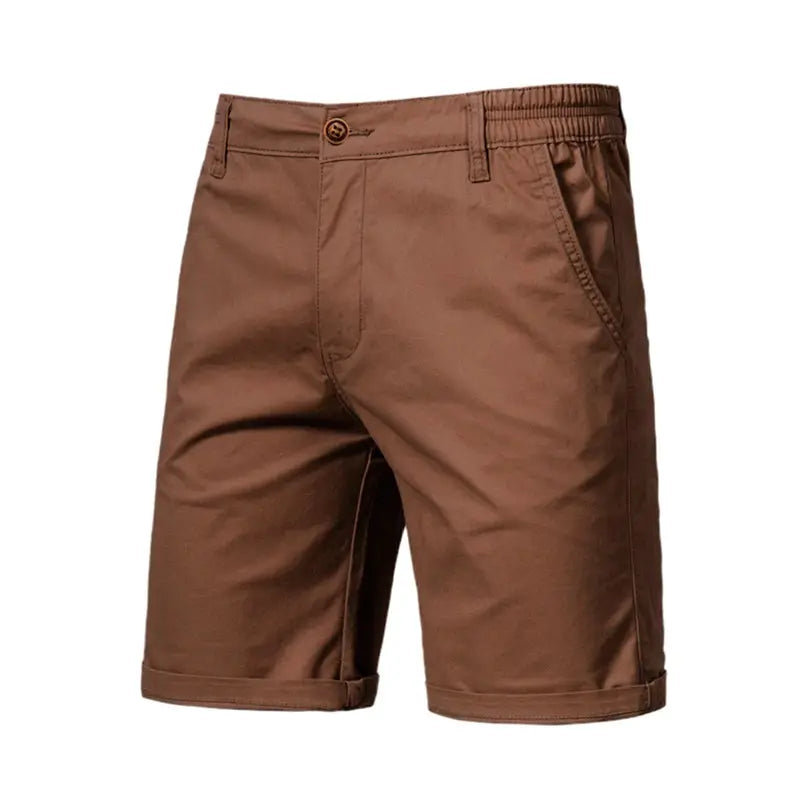 Brown cotton men's shorts with elastic waistband, button front and rolled cuffs.
