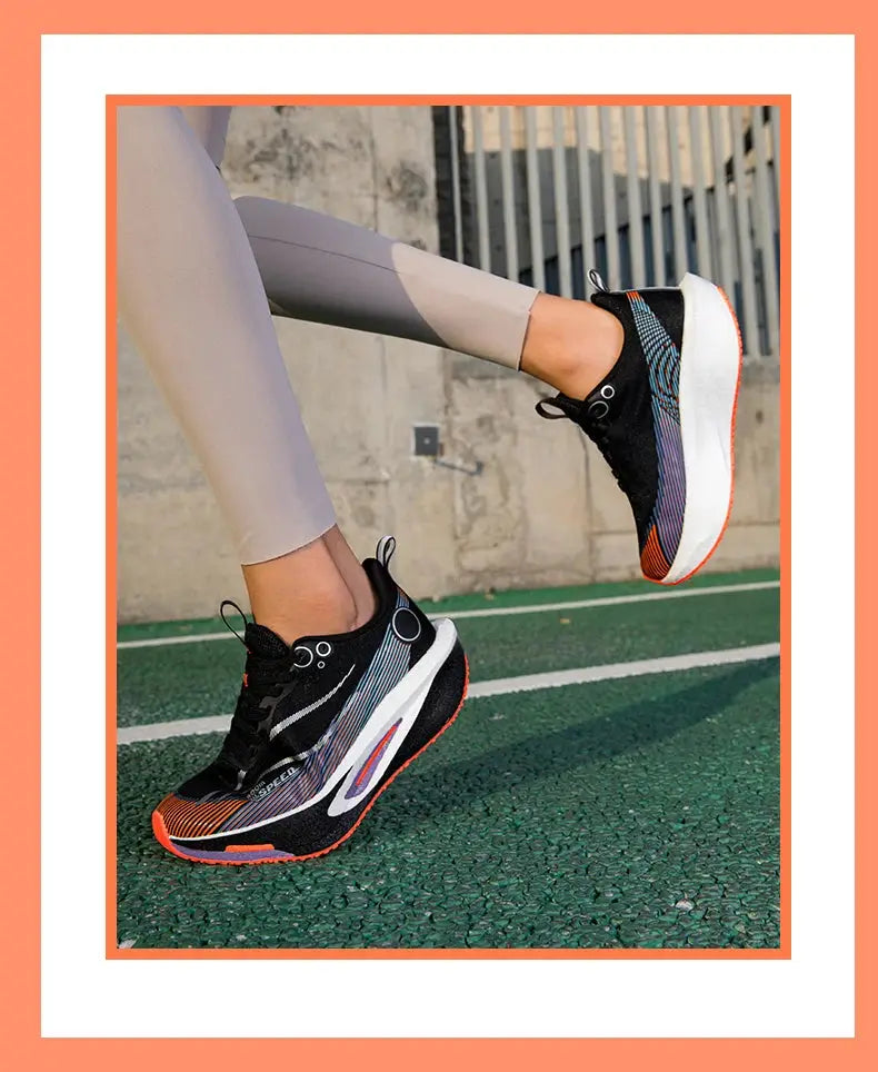 Carbon plate running shoes by Simples Market, black with orange-blue, pair, breathable lightweight sneakers