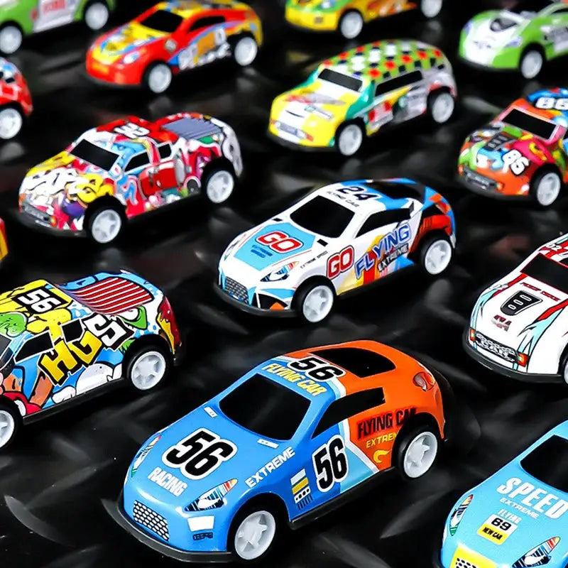 Mini plastic pull-back car set by Simples Market; multiple colorful racing cars in assorted designs
