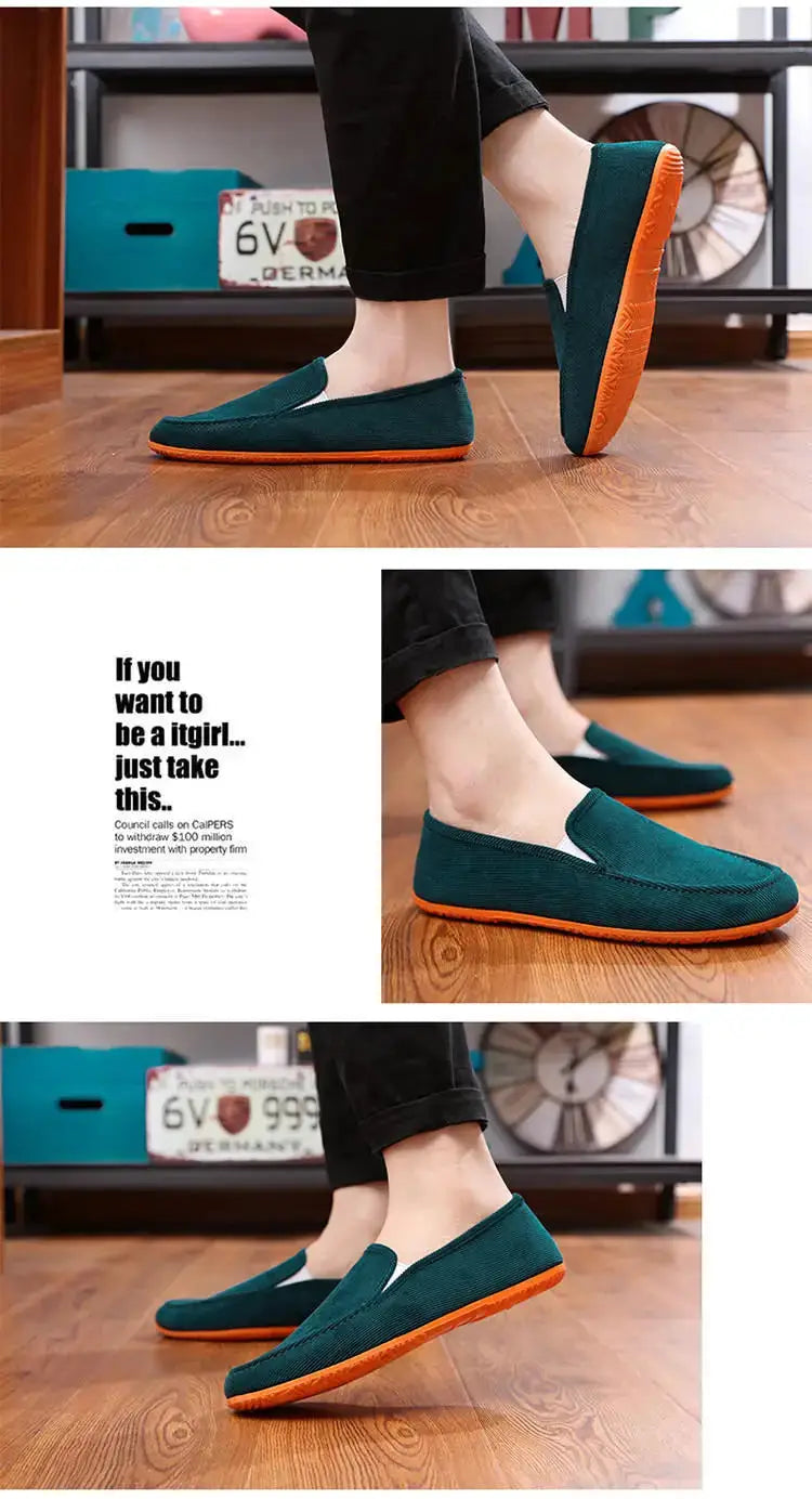 Men's teal fabric loafers slip-ons with orange rubber sole, casual driving style moccasins