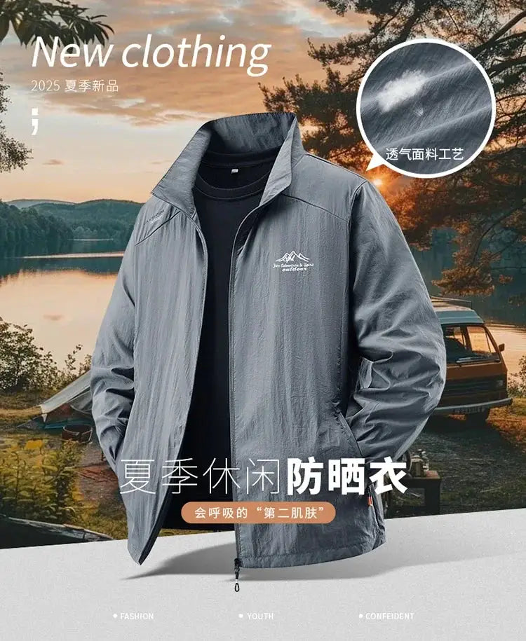 Simples Market men's summer sun protection jacket, light gray ultra-light breathable ice-silk fabric.