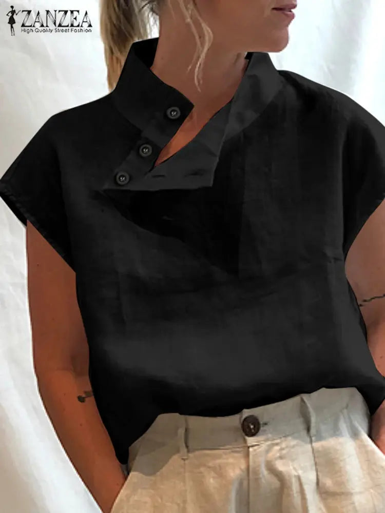 ZANZEA Women Blouses Cotton Linen Summer Top Short Sleeve Tunic