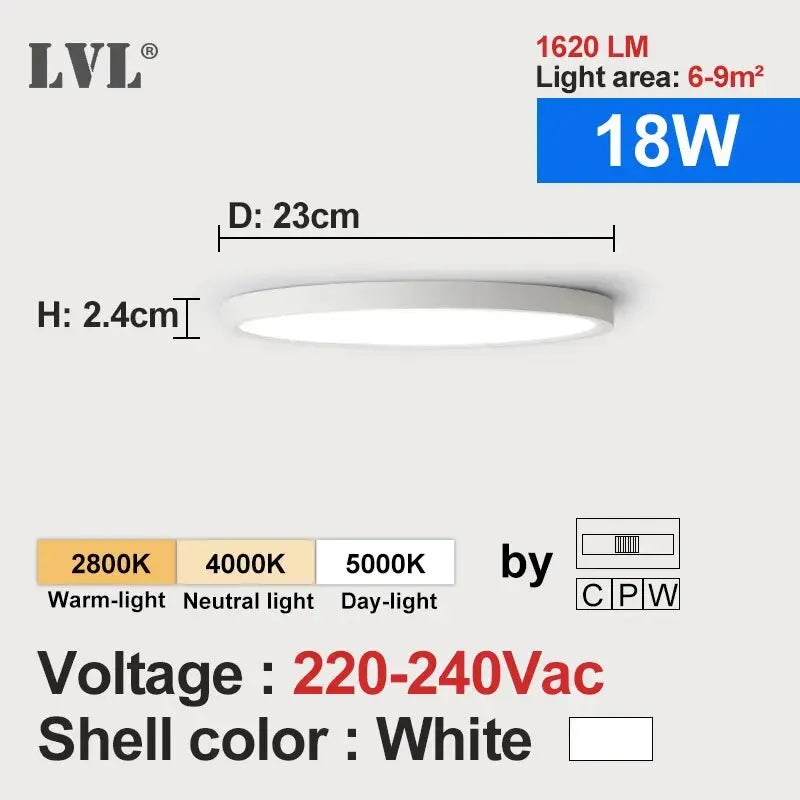 LVL LED ceiling light by Simples Market, round white shell with wood grain edge, 3-in-1 color temperature options