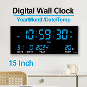 Digital large wall clock with 15-inch LED display showing date, month, year, temperature and alarms by Simples Market