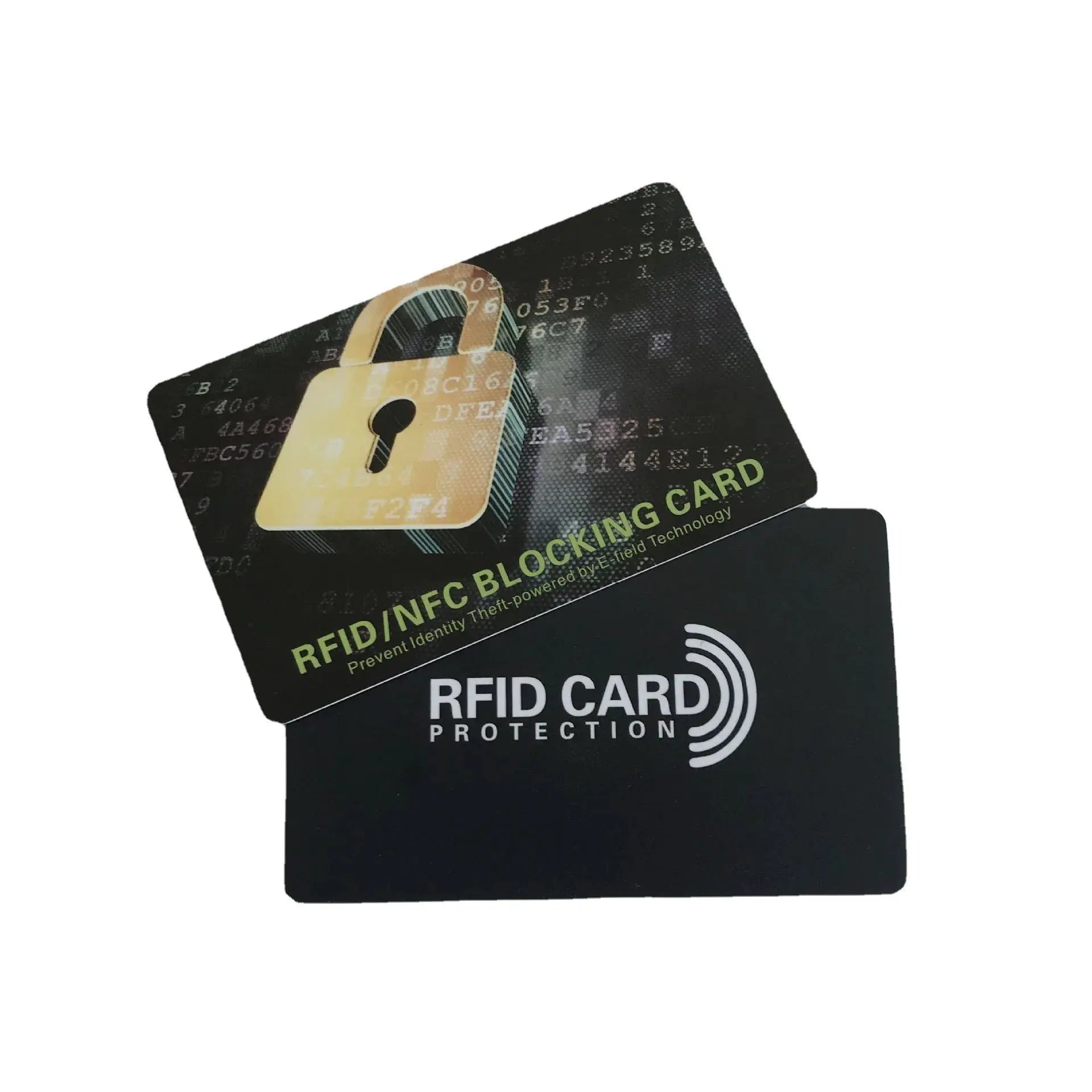 RFID blocking cards set; black cards with a gold padlock icon and circuit pattern
