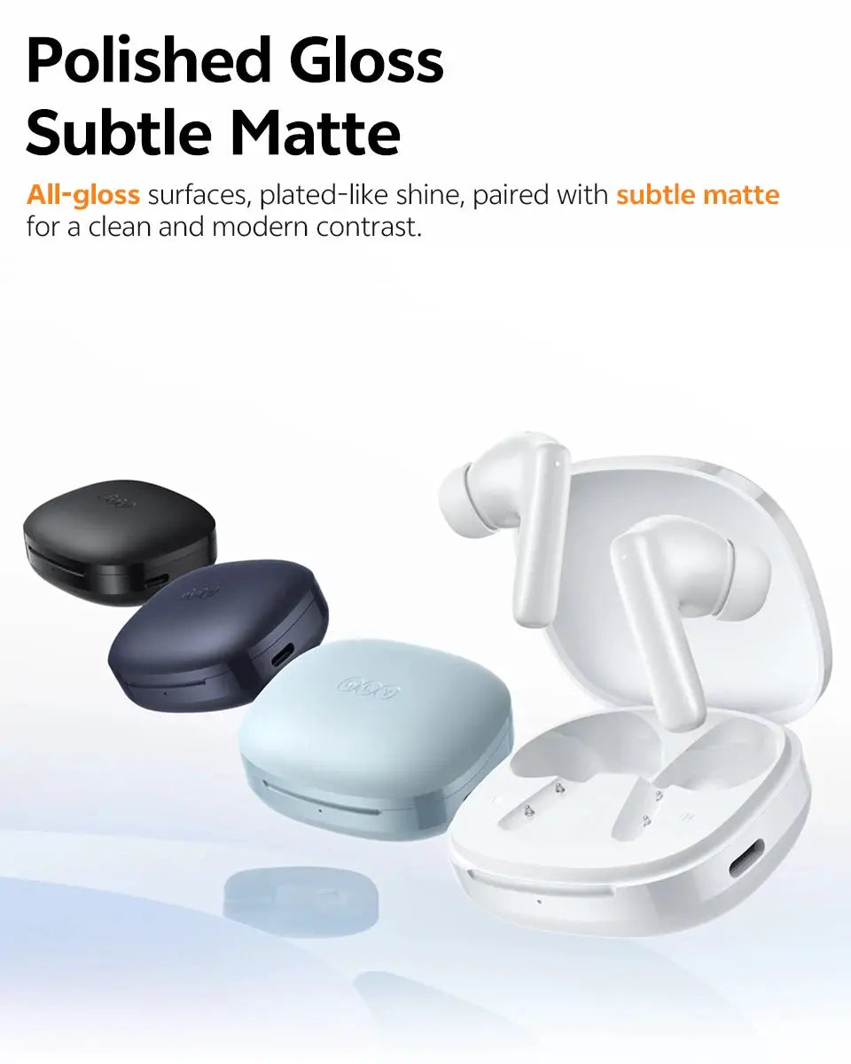 QCY T13 Pro wireless earbuds with four color variants and open charging case.