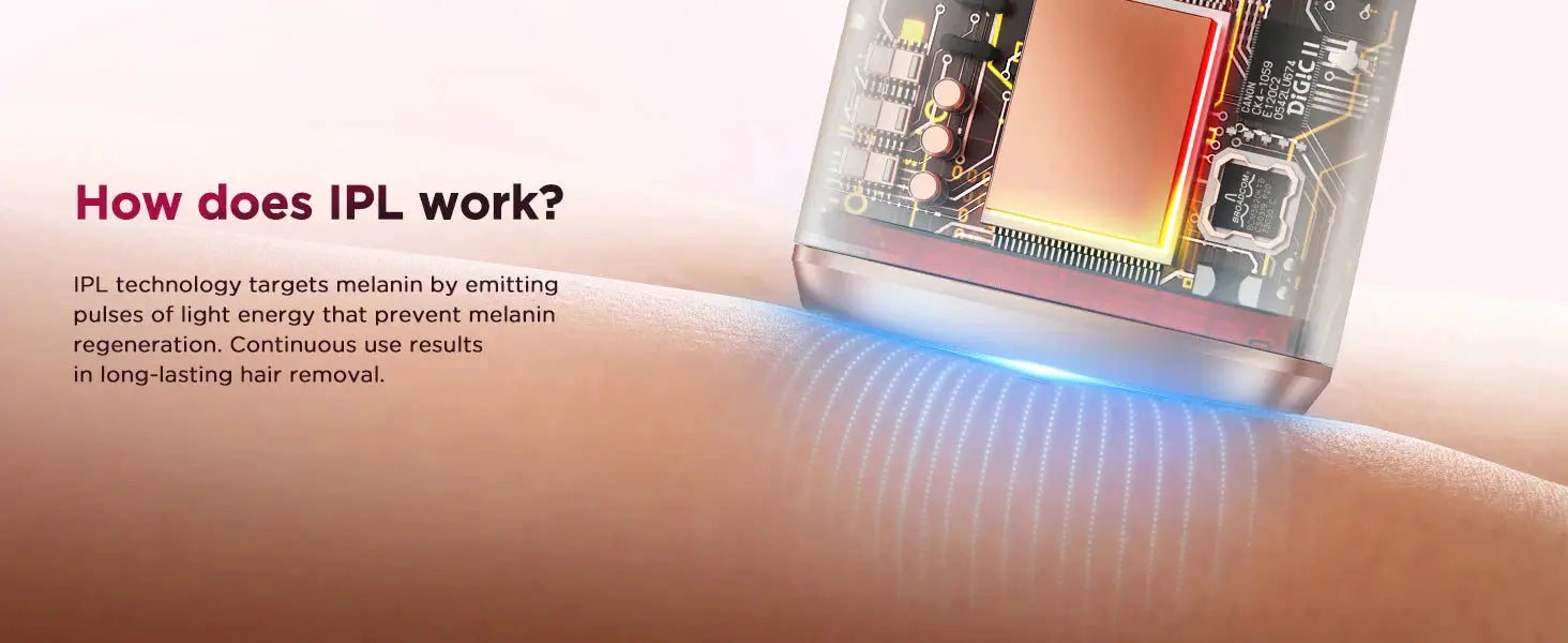 IPL hair removal device with transparent housing and blue light gliding over skin