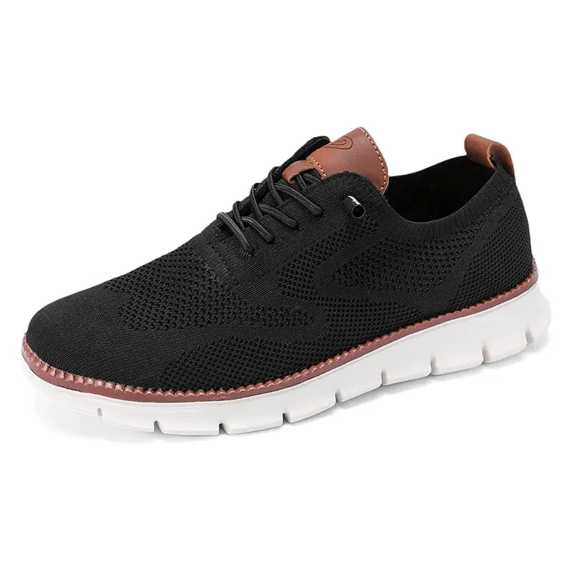Men's mesh sneakers; black breathable casual shoes with white sole.