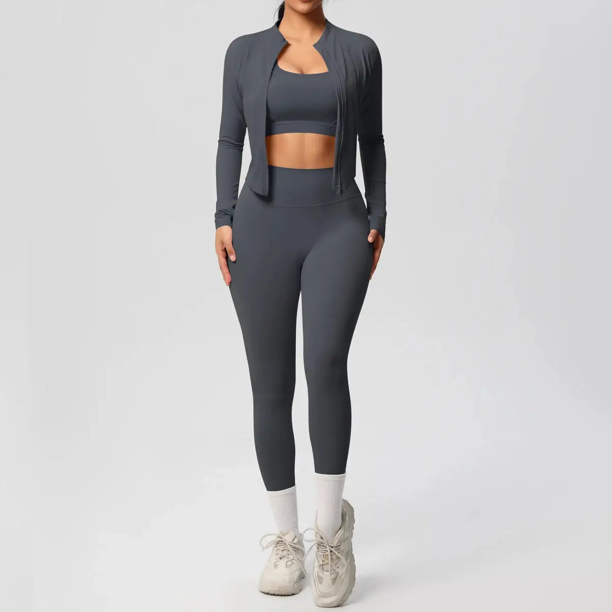 3 Piece Yoga Set for Women Sports Bra Zipper Jacket Leggings Gym Wear