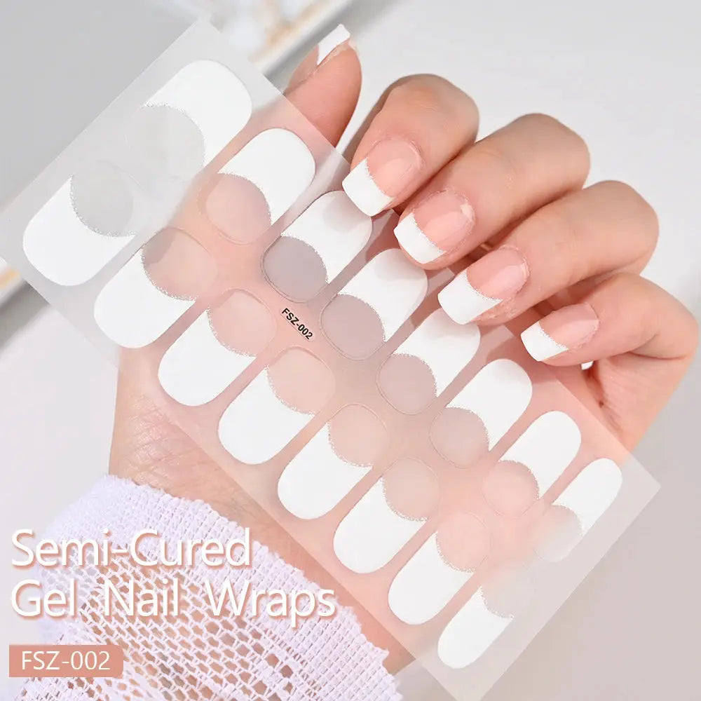 Simples Market 16-tip semi-cured French nail wrap sheet with white tips on transparent backing