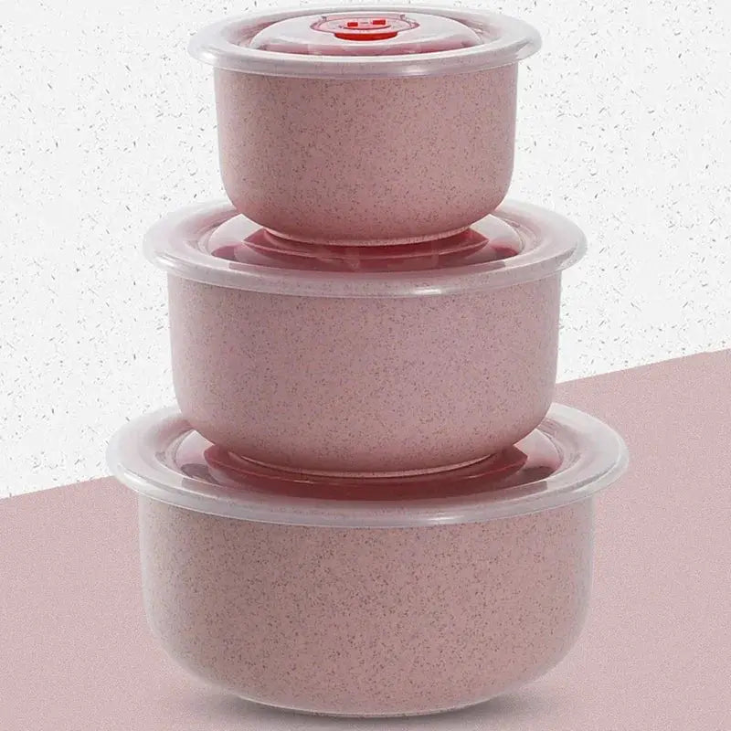 Three Piece Wheat Straw Fresh Keeping Bowls Set With Lids Microwave Safe Round Lunch Boxes For Home Use
